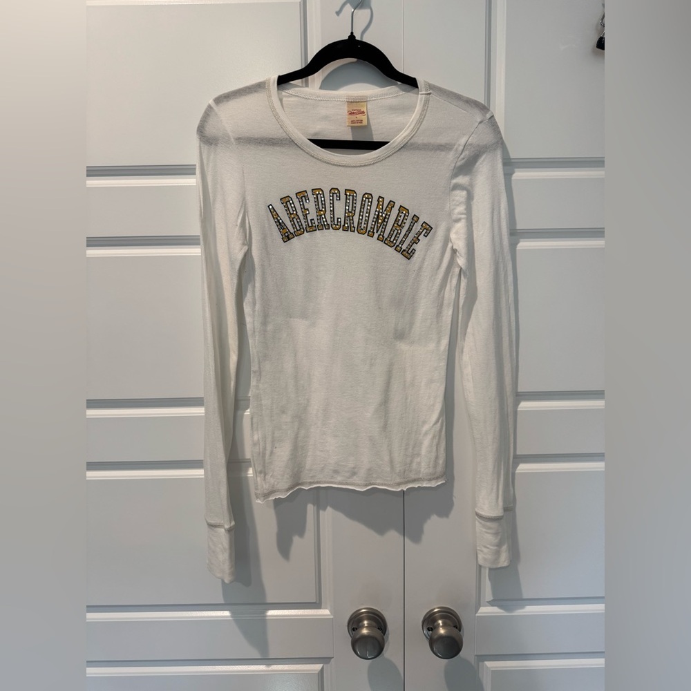 Vintage Abercrombie Y2K Rhinestone Logo Long Sleeve White Layering Top Sz Large